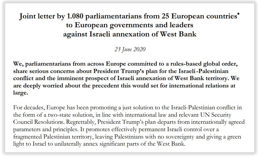 European parliamentarians write letter against Israeli annexation of West Bank