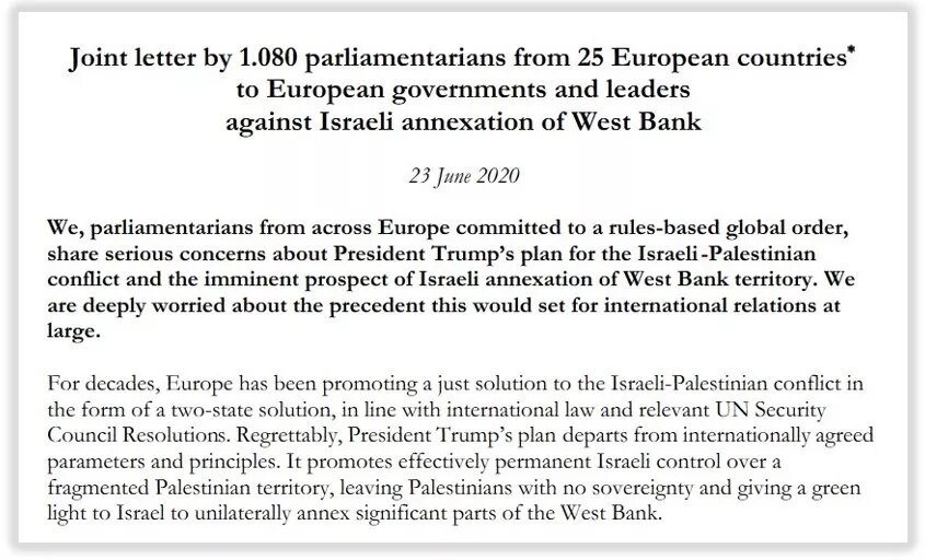 European parliamentarians write letter against Israeli annexation of West Bank